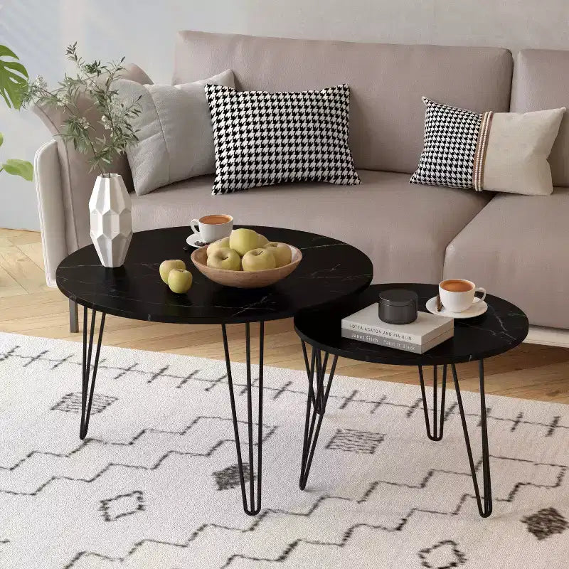 Tables basses gigognes rondes (lot de 2) noires/marron/blanches, plateau en MDF, structure en métal