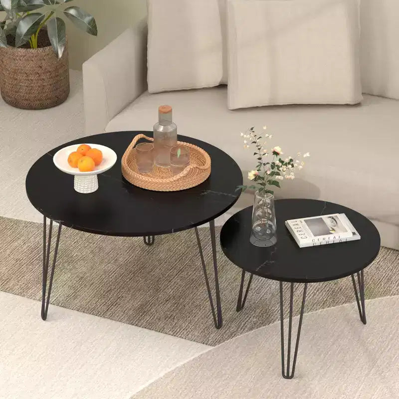 Tables basses gigognes rondes (lot de 2) noires/marron/blanches, plateau en MDF, structure en métal