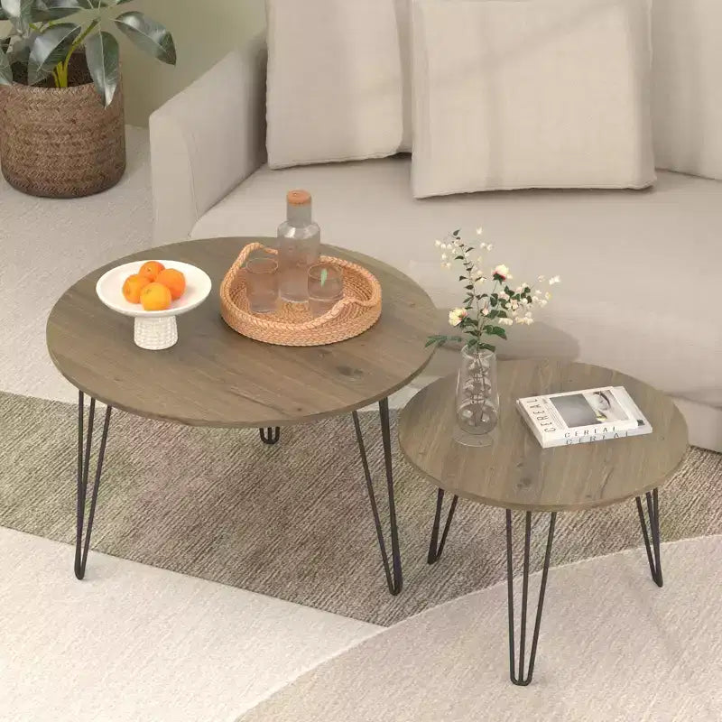 27.56'' Round Nesting Coffee Table Set of 2, Circular Nesting End Table Set, Round Wooden Tabletop