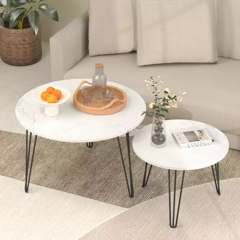 Tables basses gigognes rondes (lot de 2) noires/marron/blanches, plateau en MDF, structure en métal