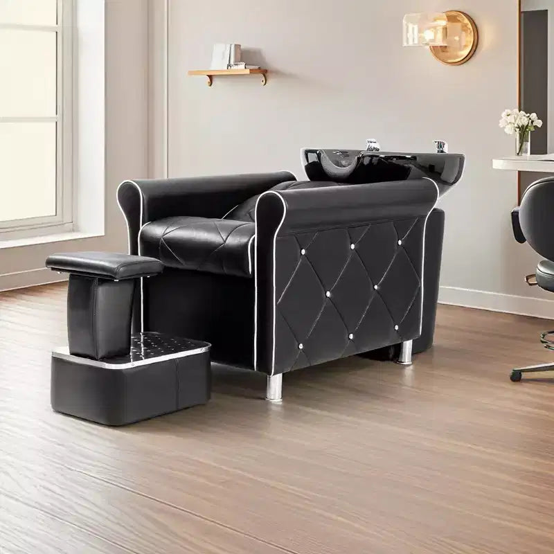 Bac de lavage et fauteuil de coiffure tapissés noirs, 1 personne