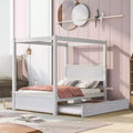 Wood Canopy Bed with Trundle Bed and two Drawers ,Full Size Canopy Platform bed With Support Slats .No Box Spring Needed Brushed White