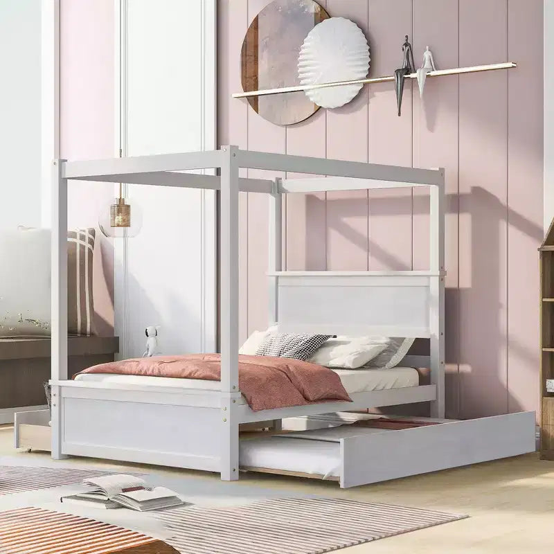 Wood Canopy Bed with Trundle Bed and two Drawers ,Full Size Canopy Platform bed With Support Slats .No Box Spring Needed Brushed White