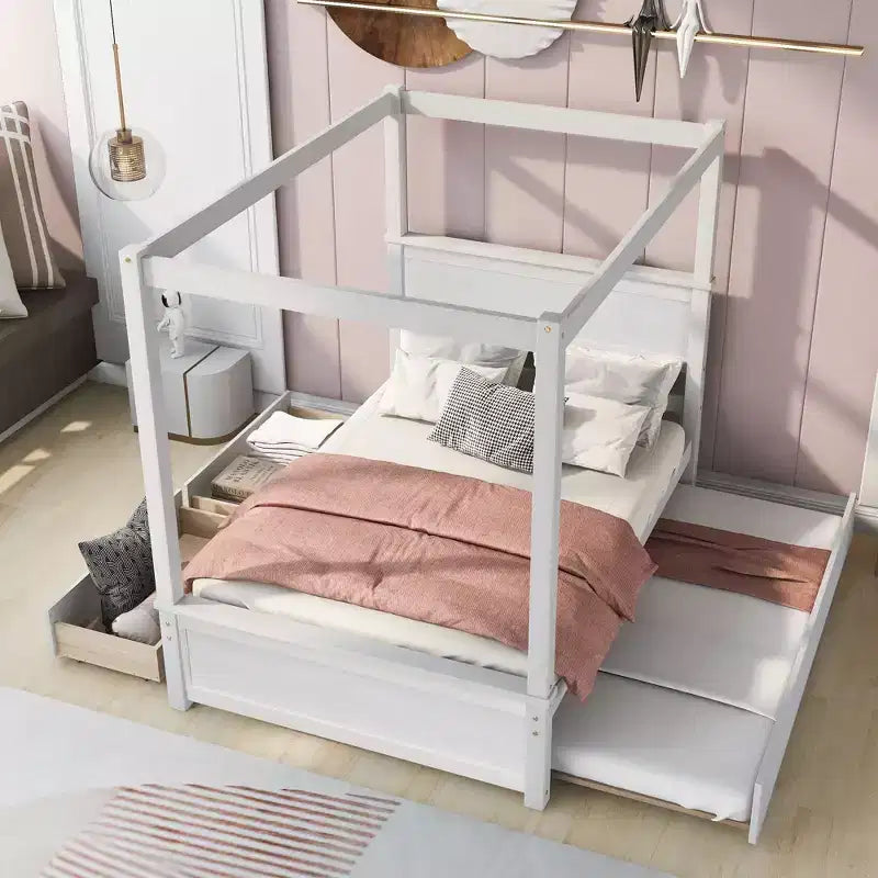 Lit plateforme baldaquin blanc grand format avec lit gigogne et 2 tiroirs – 2 couchages