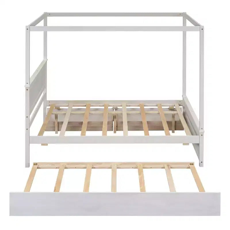 Lit plateforme baldaquin blanc grand format avec lit gigogne et 2 tiroirs – 2 couchages