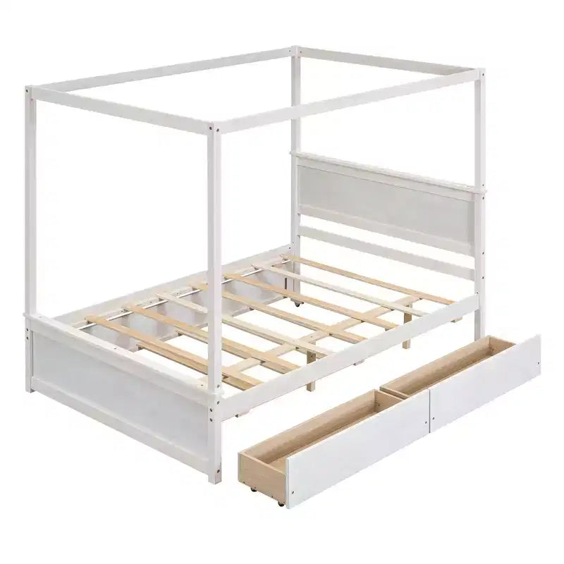 Lit plateforme baldaquin blanc grand format avec lit gigogne et 2 tiroirs – 2 couchages