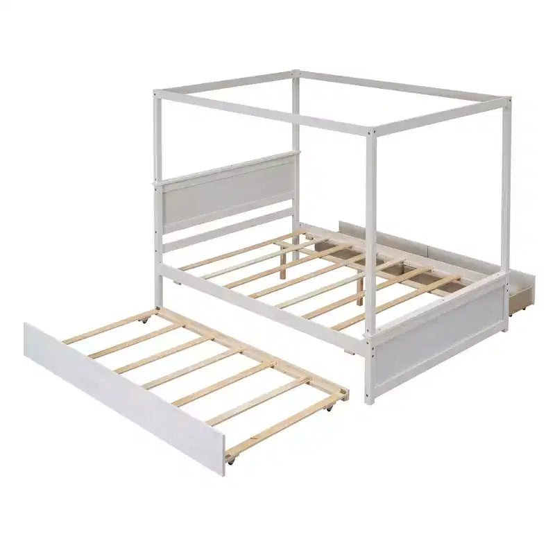 Lit plateforme baldaquin blanc grand format avec lit gigogne et 2 tiroirs – 2 couchages