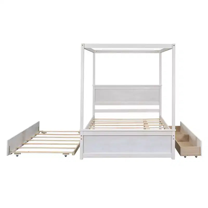Lit plateforme baldaquin blanc grand format avec lit gigogne et 2 tiroirs – 2 couchages