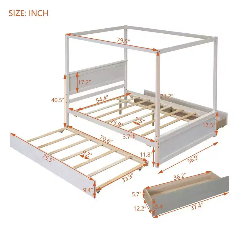 Lit plateforme baldaquin blanc grand format avec lit gigogne et 2 tiroirs – 2 couchages