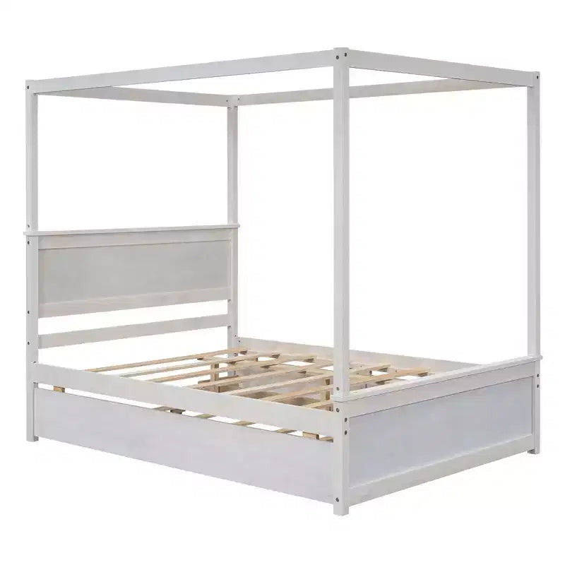 Lit plateforme baldaquin blanc grand format avec lit gigogne et 2 tiroirs – 2 couchages