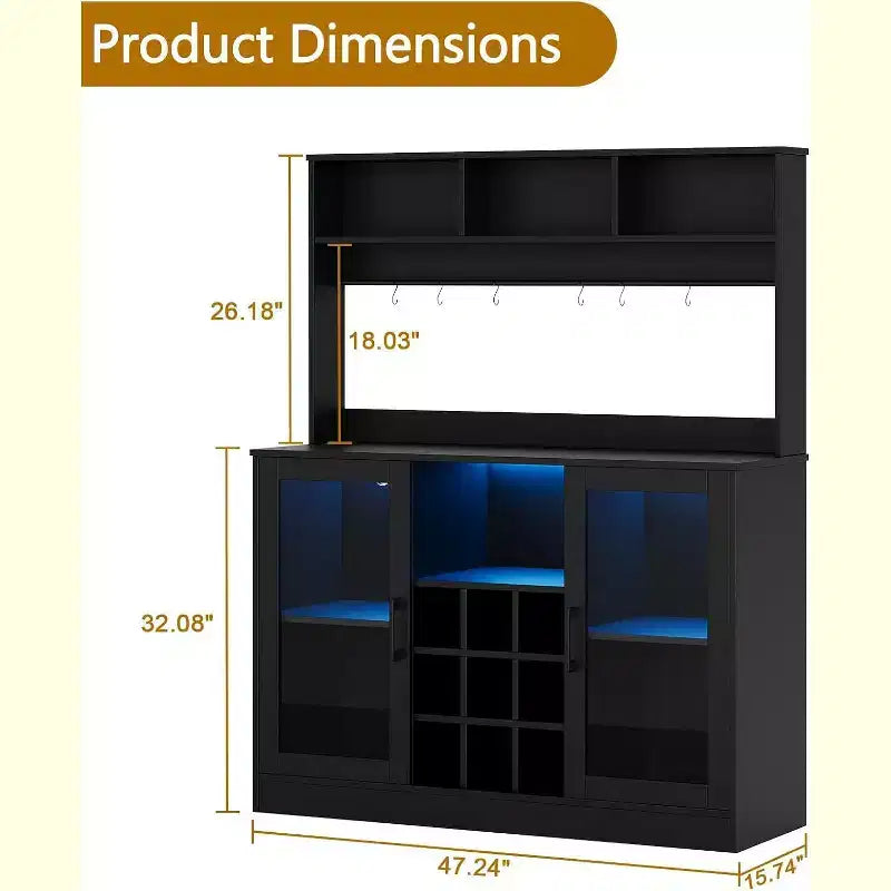 Meuble de bar noir à 2 portes avec LED RGB, multi-usage