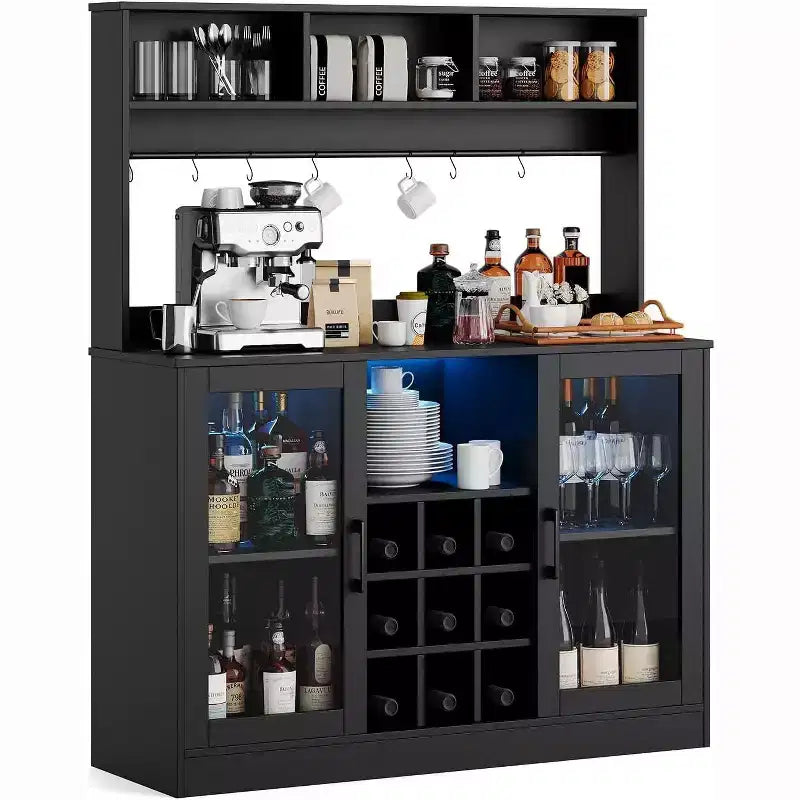 Meuble de bar noir à 2 portes avec LED RGB, multi-usage