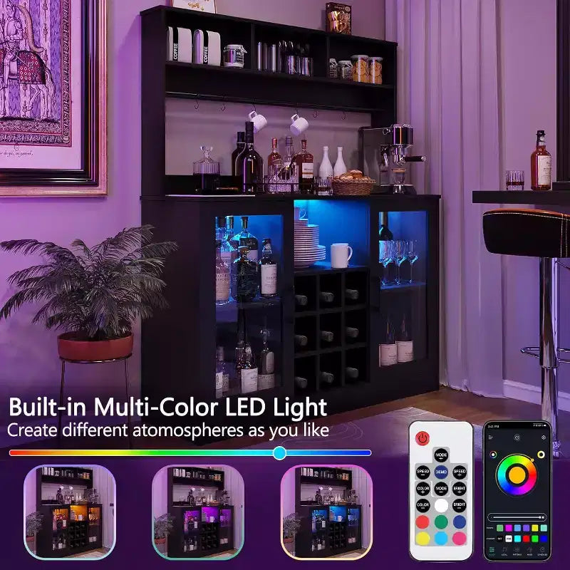 Meuble de bar noir à 2 portes avec LED RGB, multi-usage