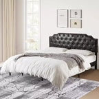Acekool King Platform Bed Frame, Black Upholstered, Button Tufted Headboard, 6in Underbed Storage, Wooden Slats, No Box Spring, Easy Assembly