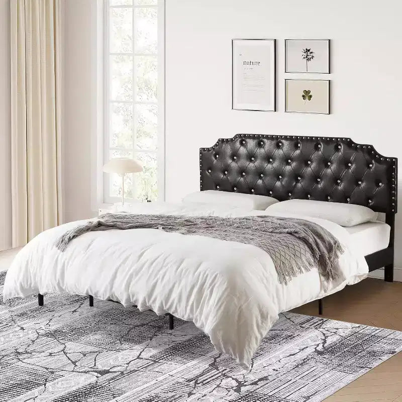 Acekool King Platform Bed Frame, Black Upholstered, Button Tufted Headboard, 6in Underbed Storage, Wooden Slats, No Box Spring, Easy Assembly