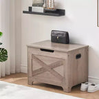 Banc de rangement en bois brun avec charnière de sécurité, organisateur monoplace avec poignées latérales