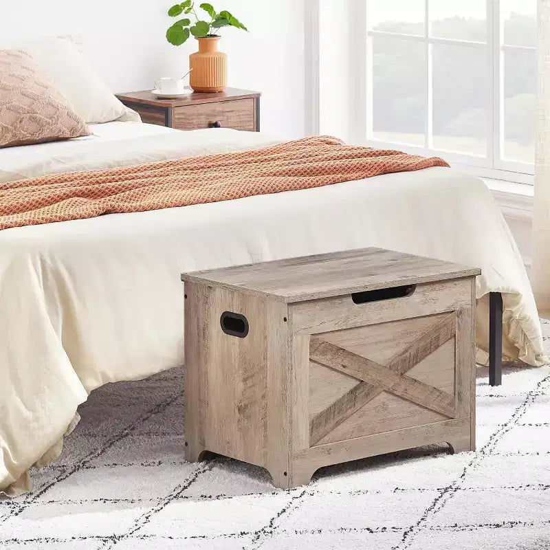 Banc de rangement en bois brun avec charnière de sécurité, organisateur monoplace avec poignées latérales