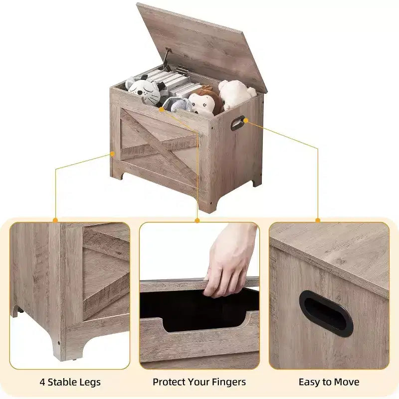 Banc de rangement en bois brun avec charnière de sécurité, organisateur monoplace avec poignées latérales