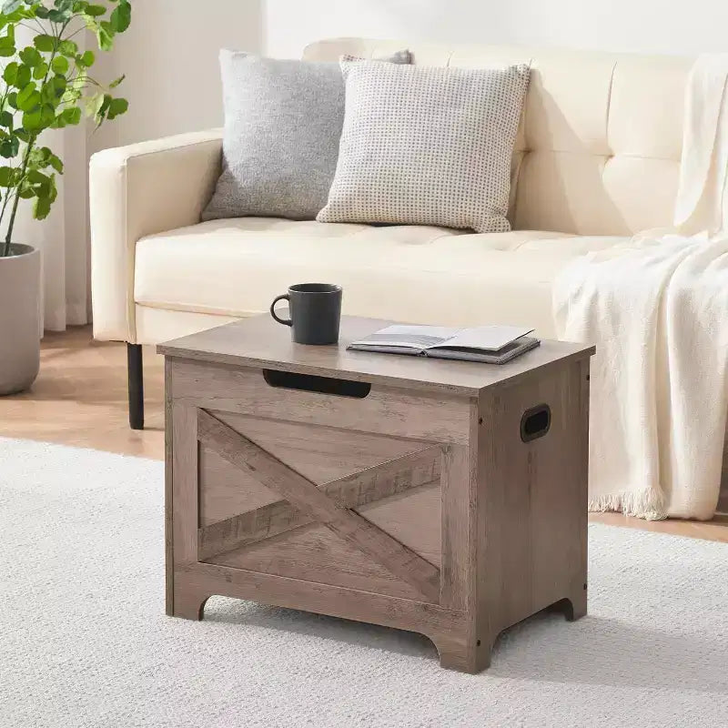 Banc de rangement en bois brun avec charnière de sécurité, organisateur monoplace avec poignées latérales