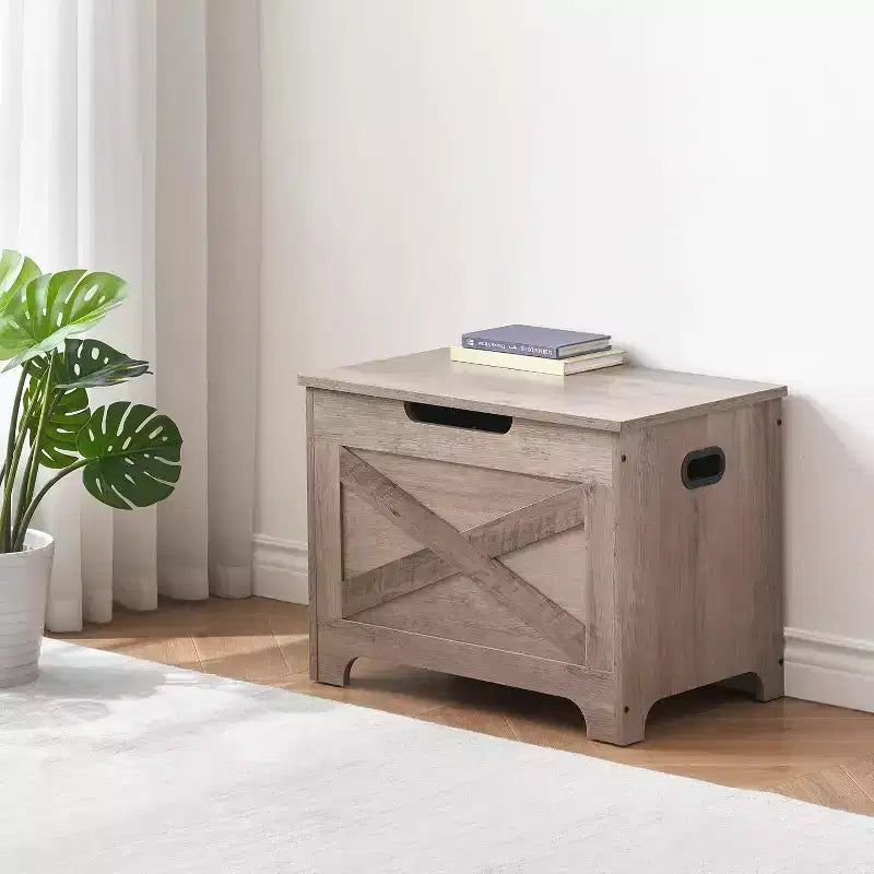 Banc de rangement en bois brun avec charnière de sécurité, organisateur monoplace avec poignées latérales