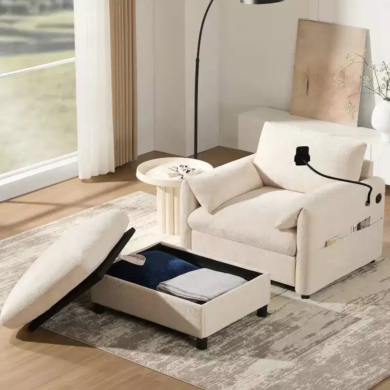 Canapé simple en chenille beige/bleu/gris/vert avec pouf de rangement, 1 place