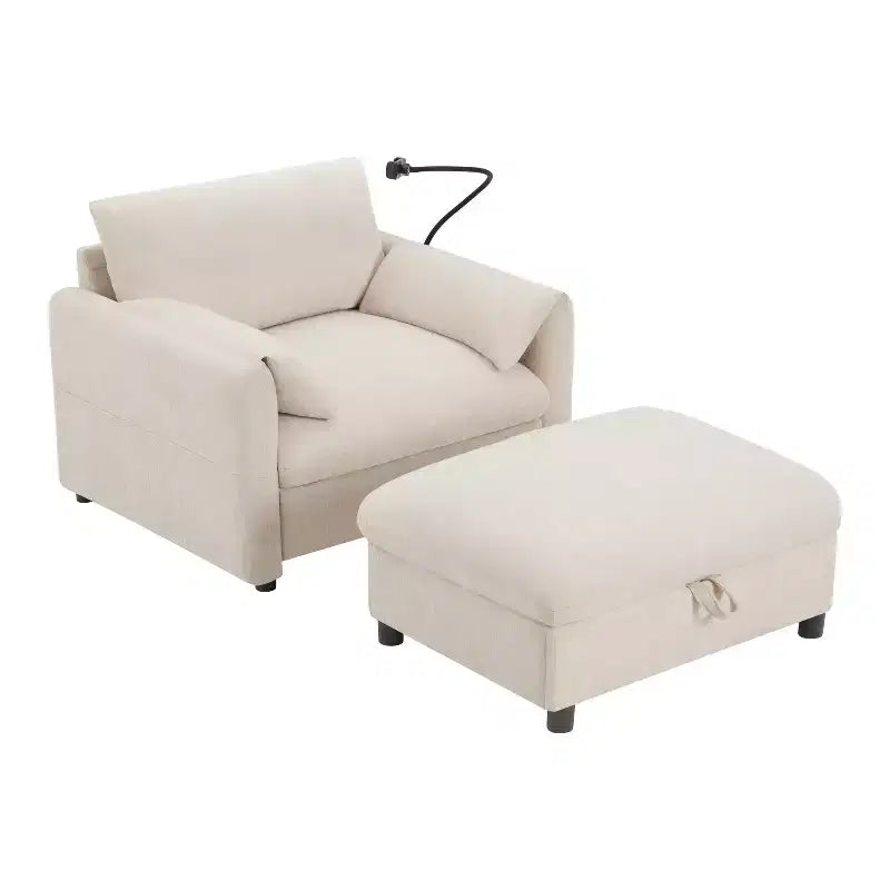 Canapé simple en chenille beige/bleu/gris/vert avec pouf de rangement, 1 place