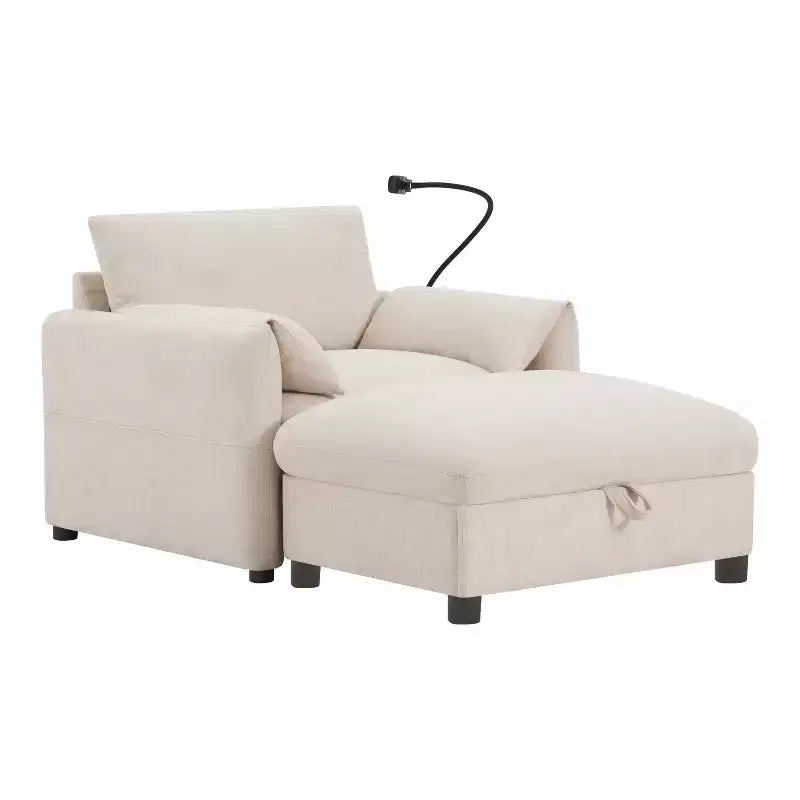 Canapé simple en chenille beige/bleu/gris/vert avec pouf de rangement, 1 place