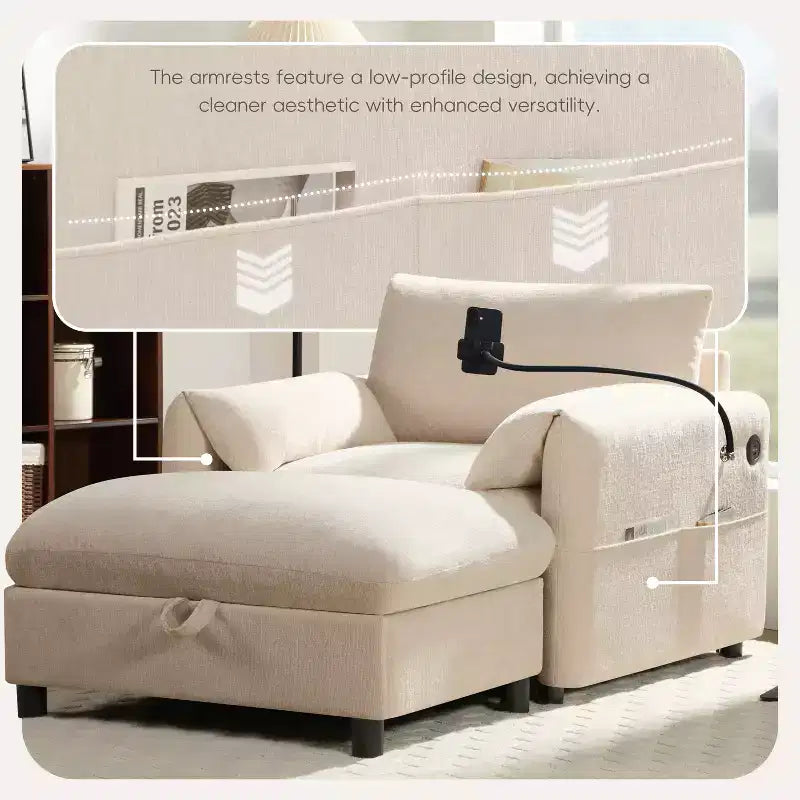 Canapé simple en chenille beige/bleu/gris/vert avec pouf de rangement, 1 place