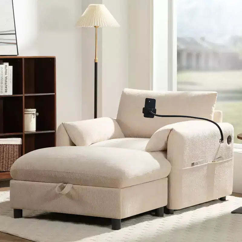 Merax Multifunctional Chenille Single Sofa with Storage Ottoman and Cushioned Armrest Pillows