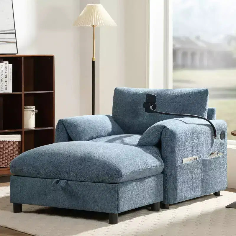 Canapé simple en chenille beige/bleu/gris/vert avec pouf de rangement, 1 place