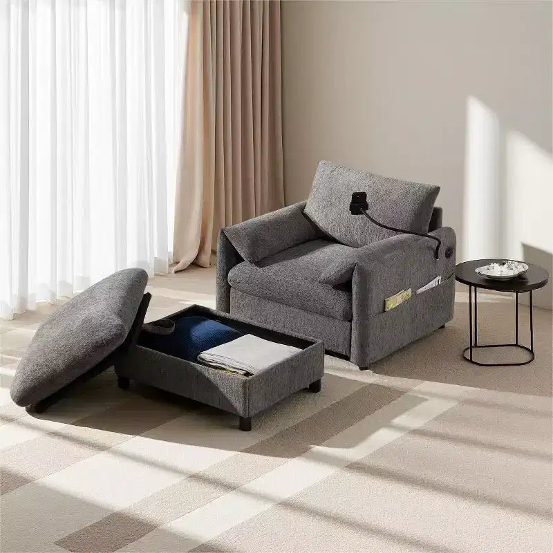 Canapé simple en chenille beige/bleu/gris/vert avec pouf de rangement, 1 place