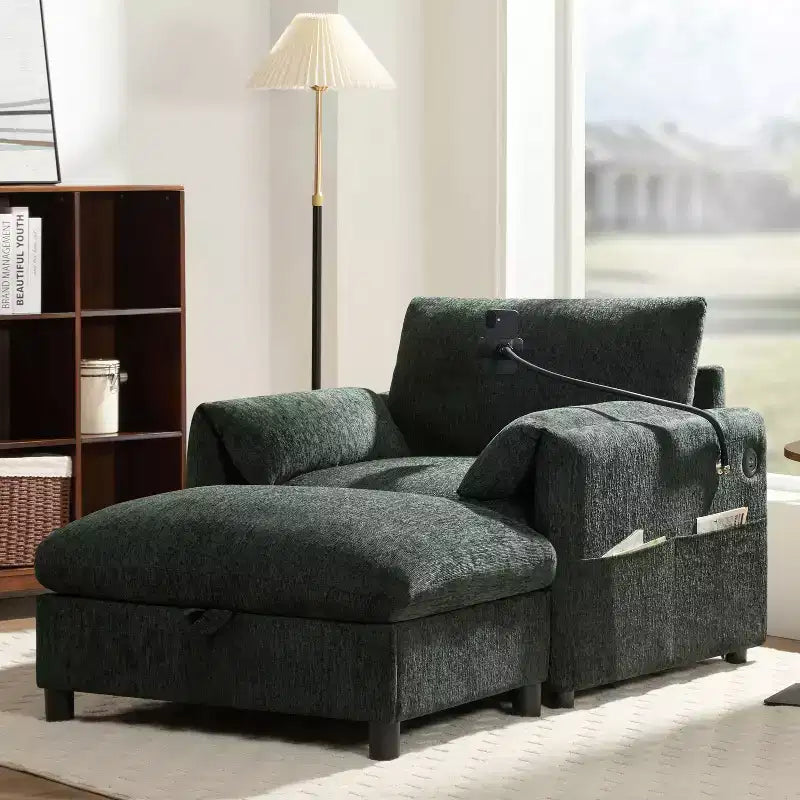 Canapé simple en chenille beige/bleu/gris/vert avec pouf de rangement, 1 place