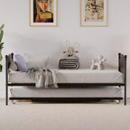 Daybed with Trundle, Twin Size Metal Day Bed, Stylish Headboard, Height-Adjustable Trundle, for Living Room/Bedroom/Guest Room, Black