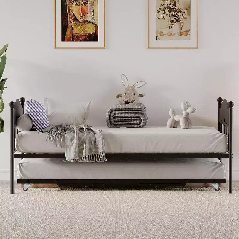 Daybed with Trundle, Twin Size Metal Day Bed, Stylish Headboard, Height-Adjustable Trundle, for Living Room/Bedroom/Guest Room, Black