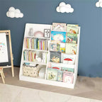 Bibliothèque enfant blanche à 4 niveaux avec poches en tissu, assemblage par 1 personne