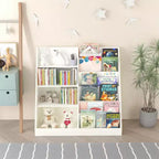 Bibliothèque enfant blanche à 4 niveaux avec poches en tissu, assemblage par 1 personne