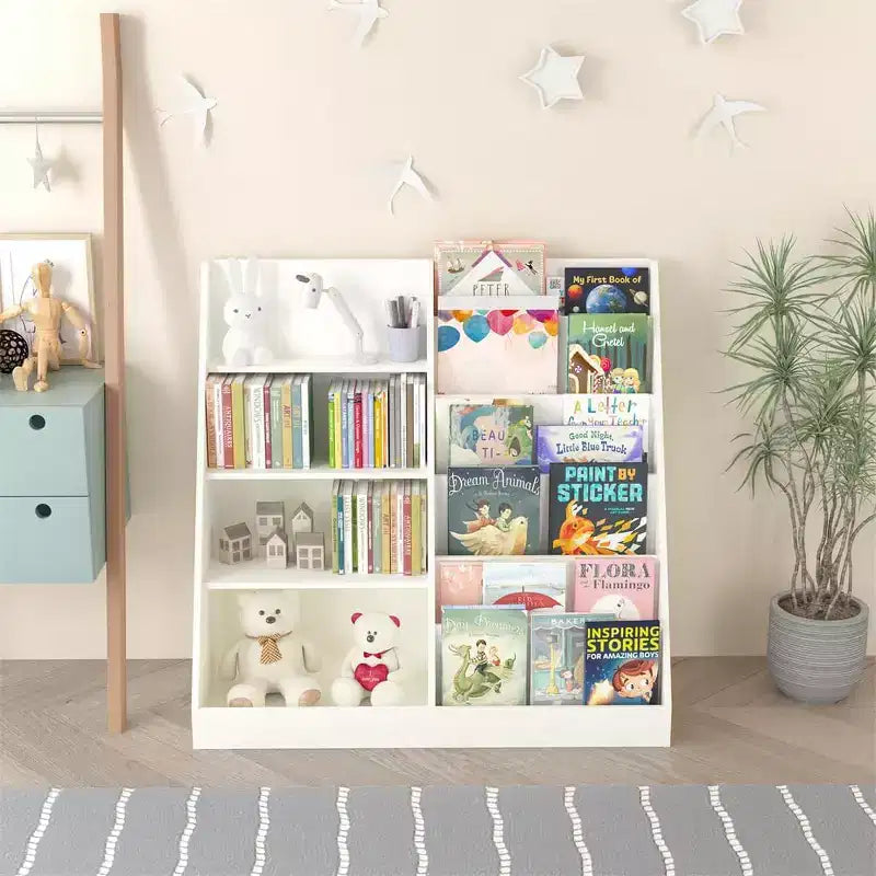 Bibliothèque enfant blanche à 4 niveaux avec poches en tissu, assemblage par 1 personne
