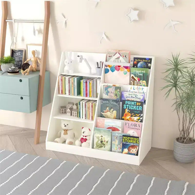 Bibliothèque enfant blanche à 4 niveaux avec poches en tissu, assemblage par 1 personne