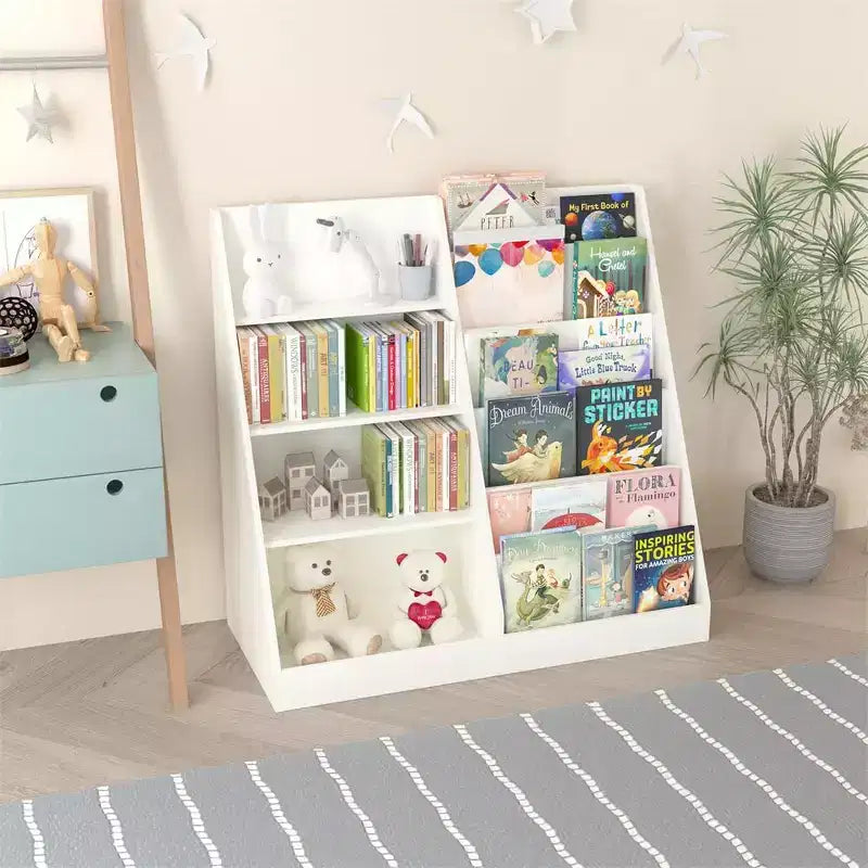 Bibliothèque enfant blanche à 4 niveaux avec poches en tissu, assemblage par 1 personne