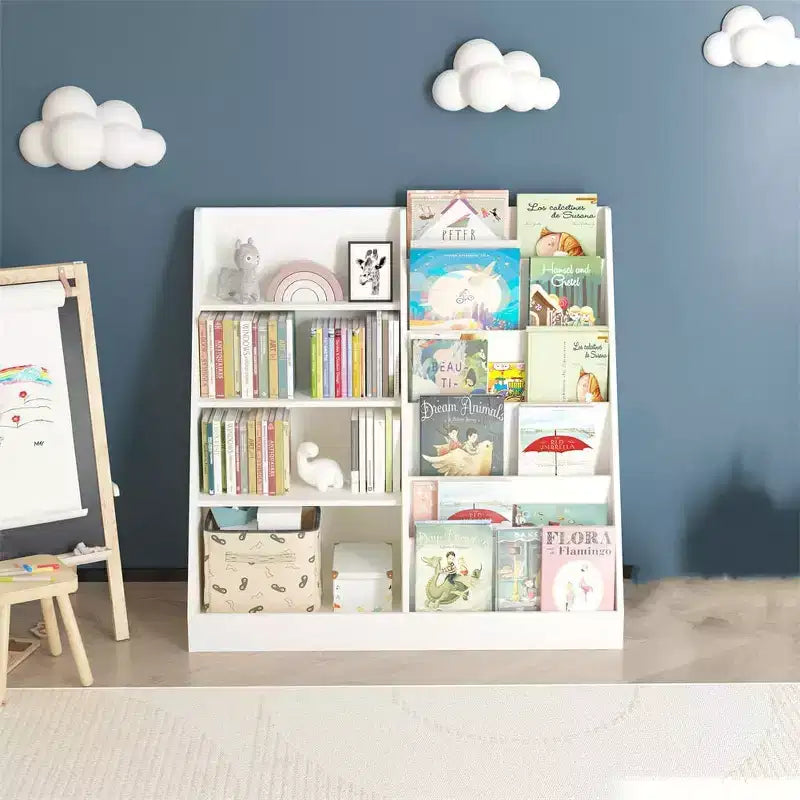 Bibliothèque enfant blanche à 4 niveaux avec poches en tissu, assemblage par 1 personne