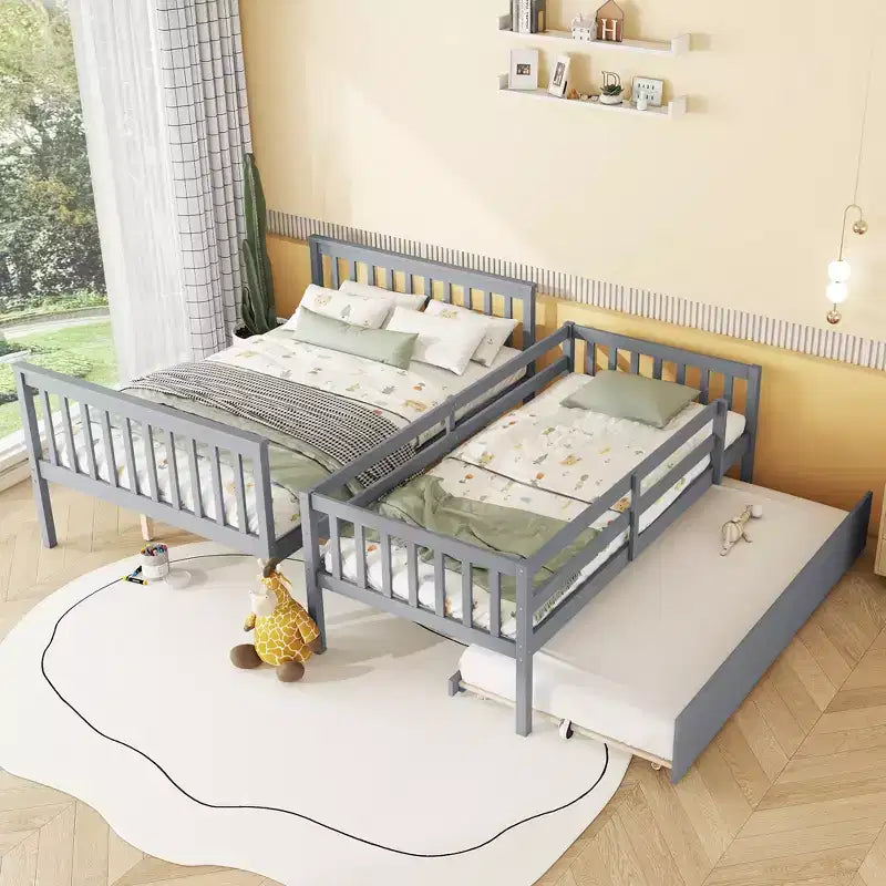 Lit superposé simple sur double avec lit gigogne et échelle réversible – Espresso / Gris / Blanc, 3 couchages