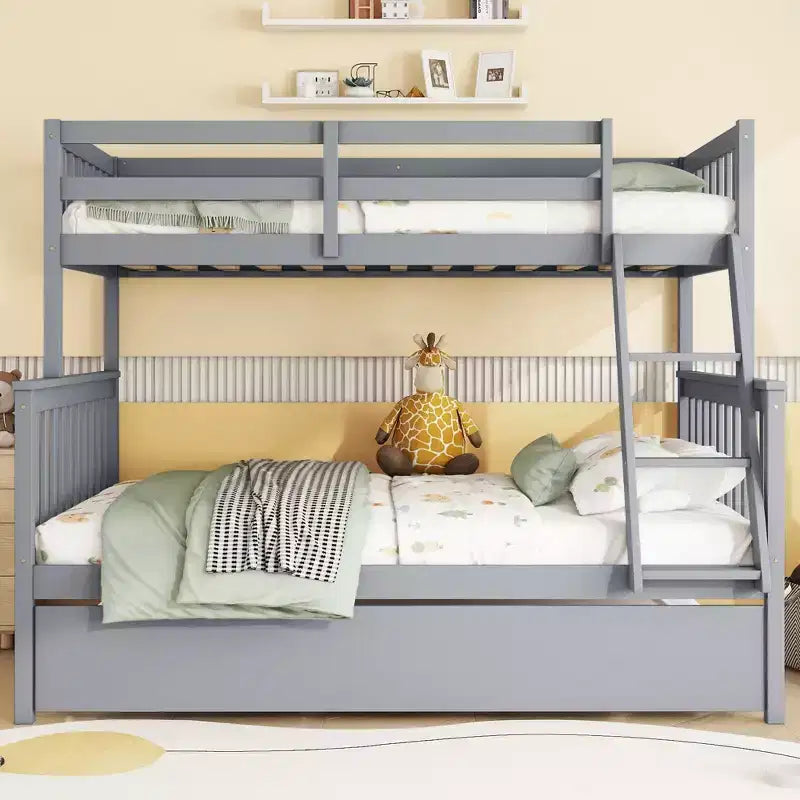 Lit superposé simple sur double avec lit gigogne et échelle réversible – Espresso / Gris / Blanc, 3 couchages