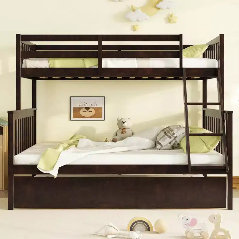 Lit superposé simple sur double avec lit gigogne et échelle réversible – Espresso / Gris / Blanc, 3 couchages