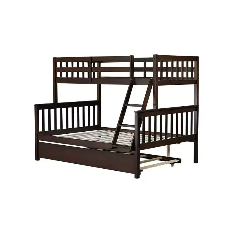 Lit superposé simple sur double avec lit gigogne et échelle réversible – Espresso / Gris / Blanc, 3 couchages