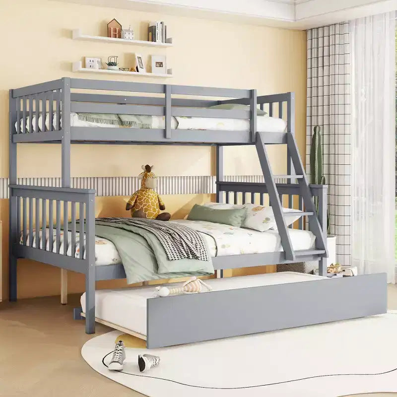 Lit superposé simple sur double avec lit gigogne et échelle réversible – Espresso / Gris / Blanc, 3 couchages