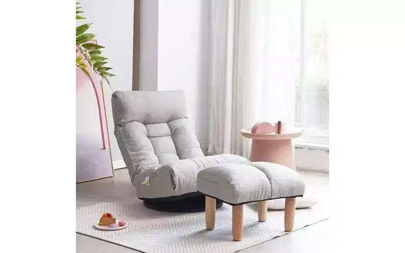Acekool Japanese Floor Chair with Footrest, Adjustable Reclining Chair with Swivel Base, Single Tatami Sofa for Living Room Bedroom, Gray