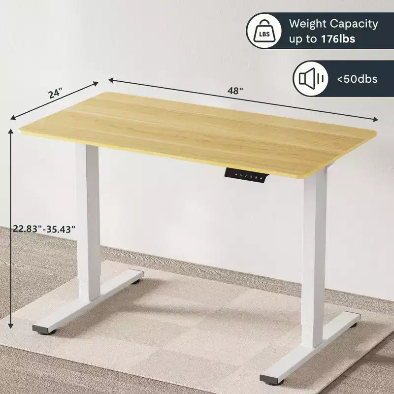 Bureau Debout Électrique, Cadre Gris/Blanc + Plateau Érable, Monoposte, 122x61 cm