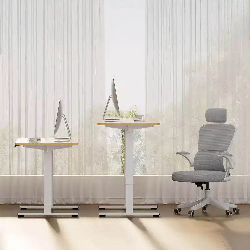 Bureau Debout Électrique, Cadre Gris/Blanc + Plateau Érable, Monoposte, 122x61 cm