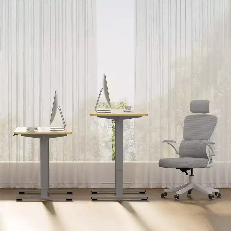 Bureau Debout Électrique, Cadre Gris/Blanc + Plateau Érable, Monoposte, 122x61 cm
