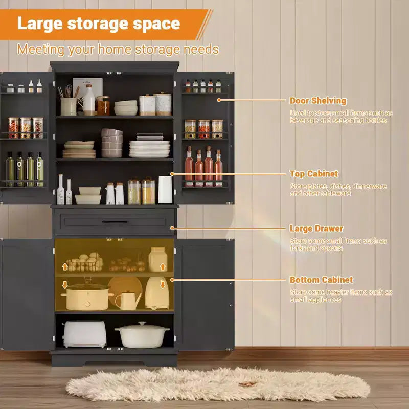 Armoire de cuisine noire sur pied avec tiroir, 4 étagères réglables, 6 étagères de porte